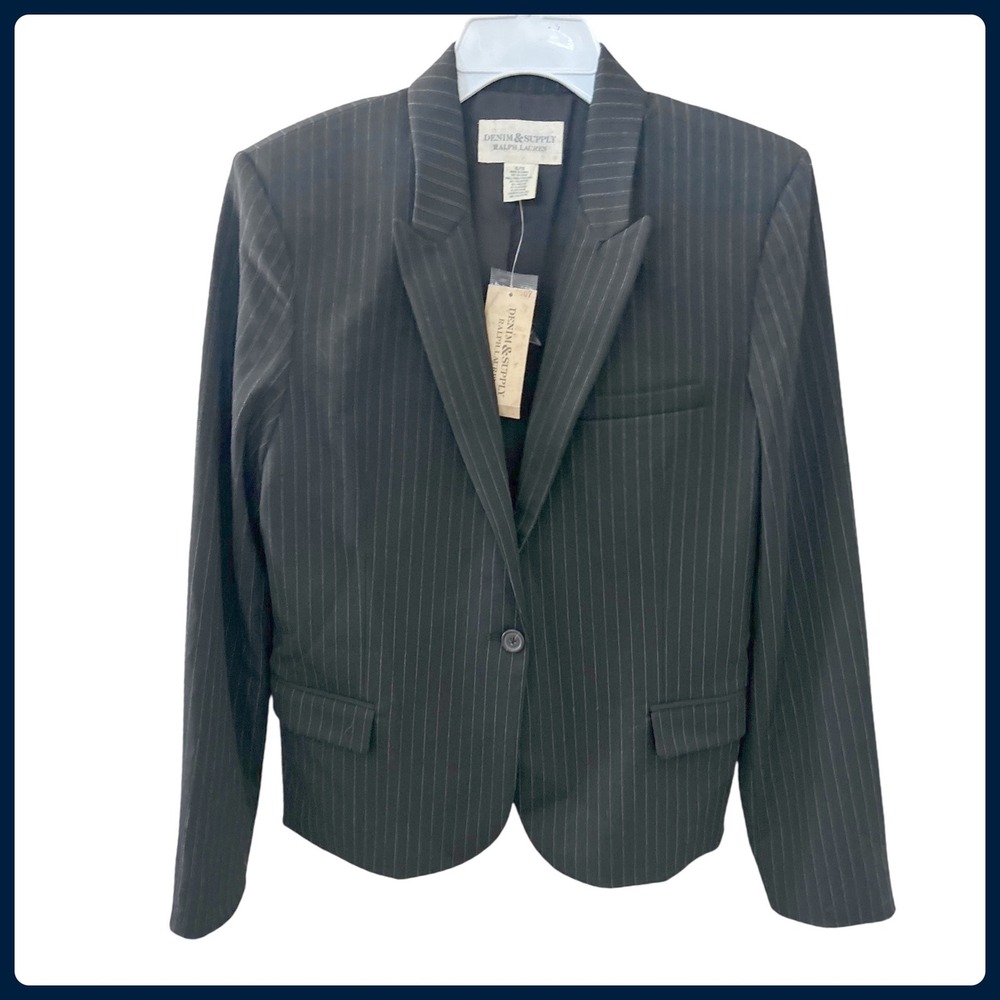 Denim‎ & Supply Ralph Lauren Womens Pinstripe Single Button Blazer Black XL NWT